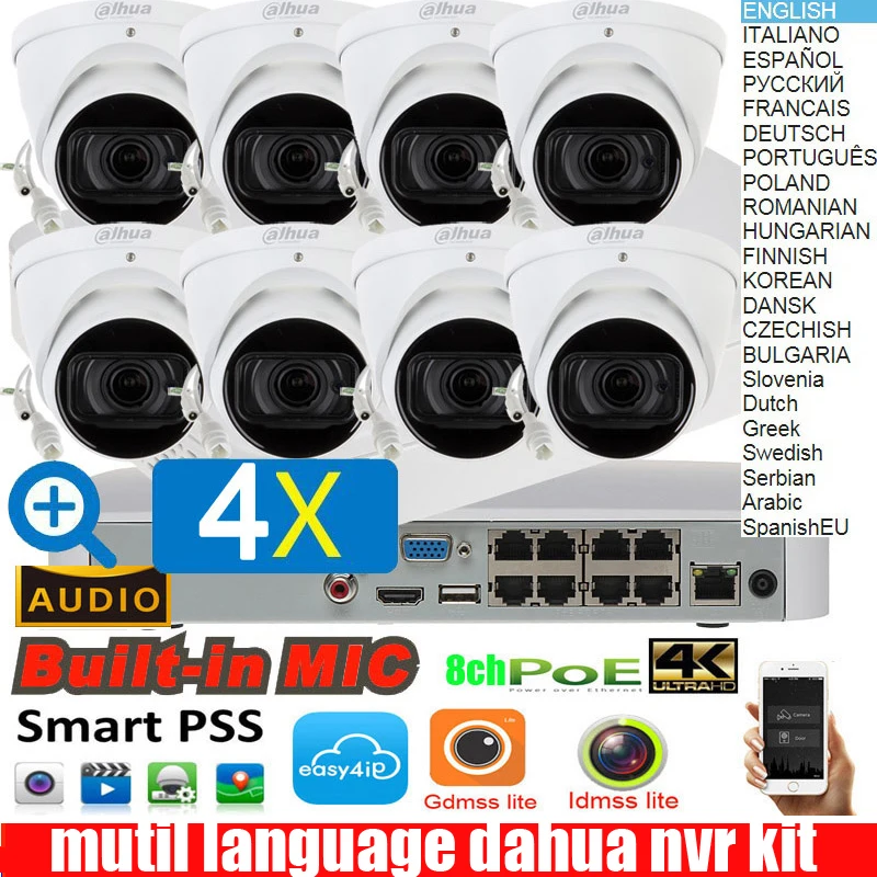 Dahua mutil language 4K H.265 NVR4108 8P 4KS2 4ch POE Набор ip камер с 8 шт. IPC HDW5231R ZE 2MP WDR 4X zoom audio Camera