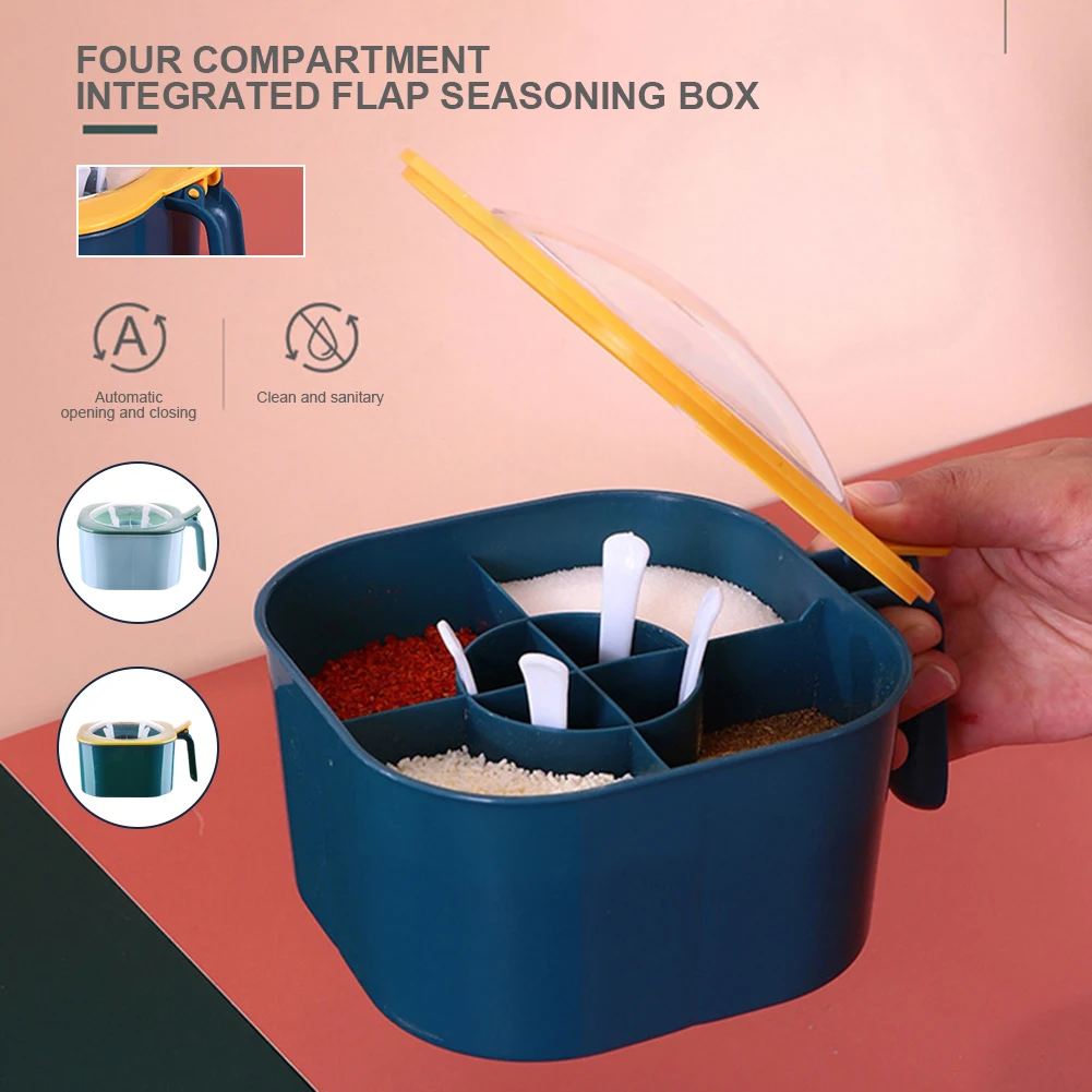 

4 Grids Seasoning Box Salt Pepper Sugar Spices Storage Box with Spoon Lid Plastic Condiment Container Jar Kitchen Accessories