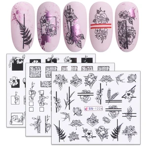 Наклейки для ногтей с черными и белыми цветами, Водные Наклейки с зелеными листьями для дизайна ногтей, декоративные тату для маникюра, LABN1213-1224-2, 1 шт.