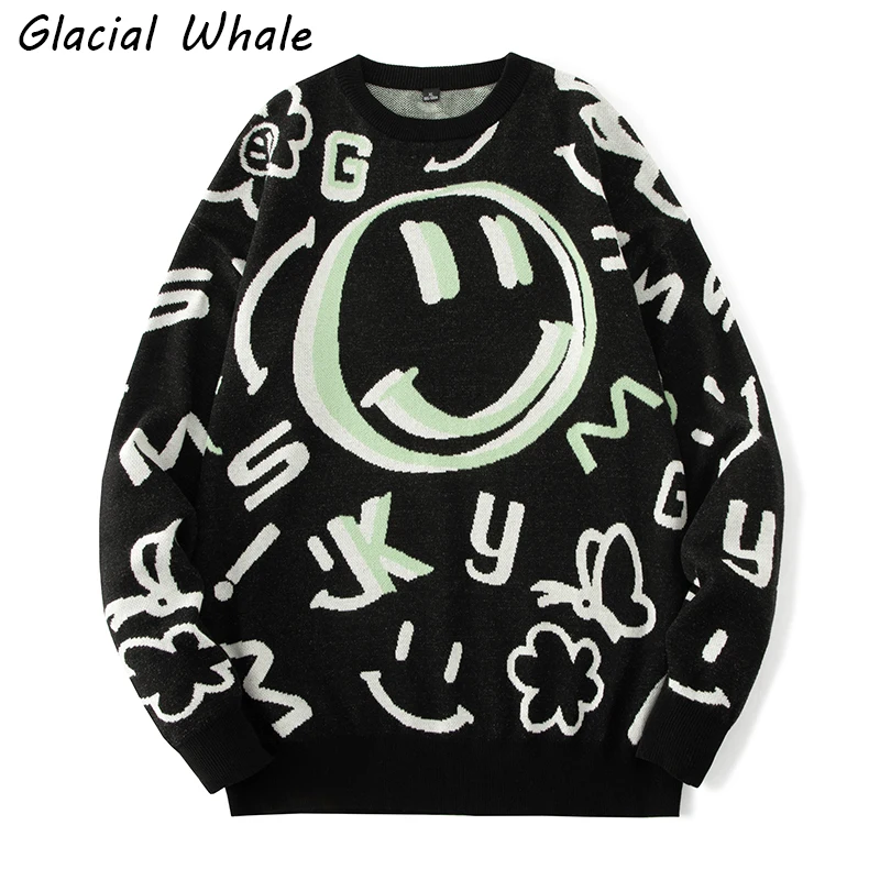 

GlacialWhale Men's Cardigan Knitted Men Winter Fashion 2021 New Smiley Sweater Male Casual Oversized Sweaters Black Sweater Men