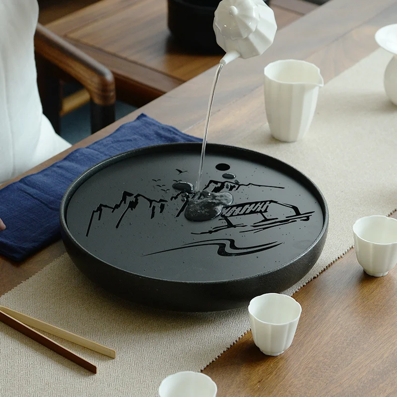 

Керамический металлический поднос для чая, дренажный поднос для воды, семейный набор для чайного столика, черный/белый китайский чайный ста...