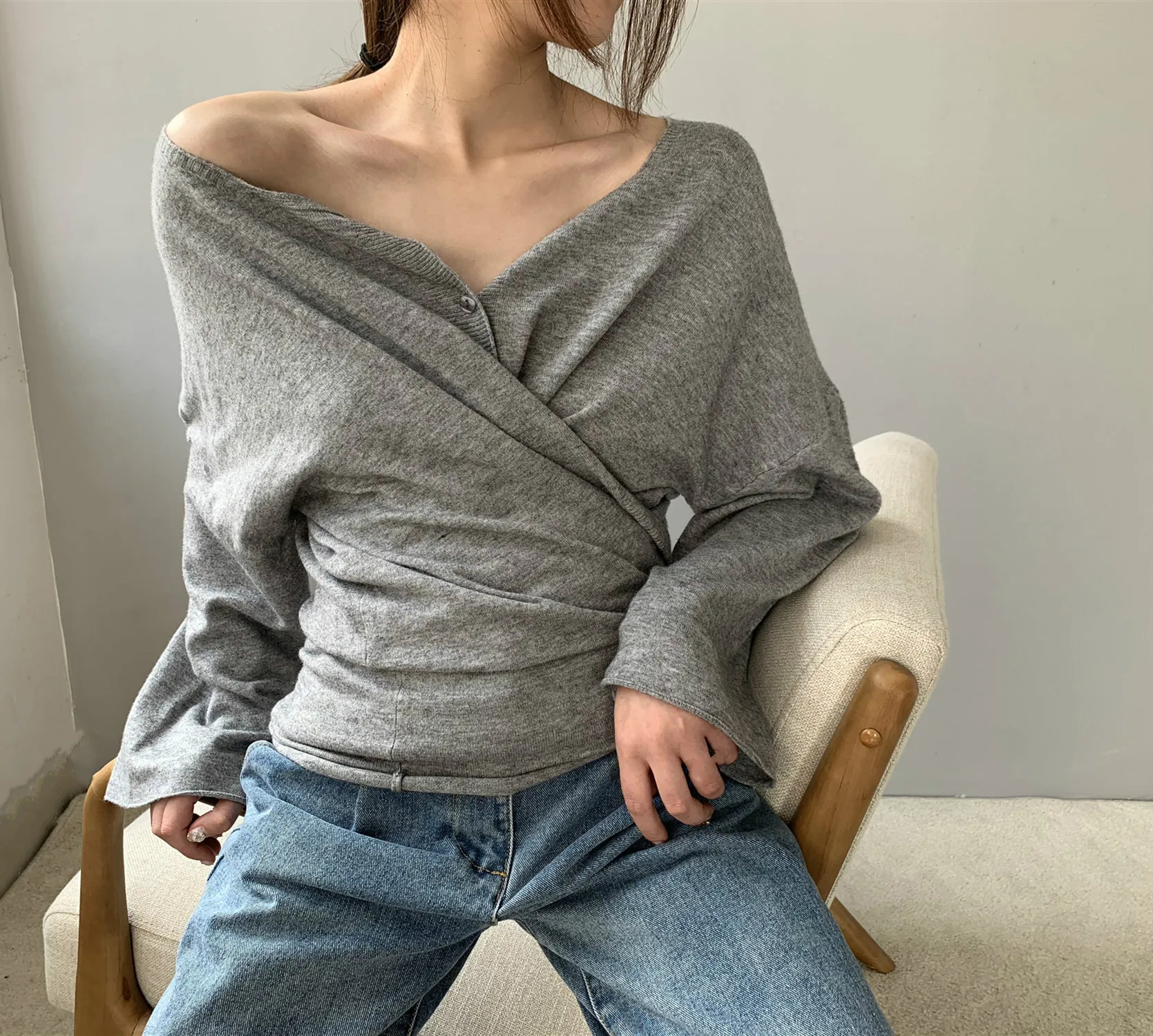 Весенний женский сексуальный трикотажный Свободный кардиган с квадратным