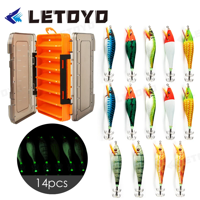 

LETOYO 14Pcs/Box More Cheaper Quality 10g Squid Lure With Fishing Luminous Wood Shrimp Jigs Hook Artificial Bait Plastic