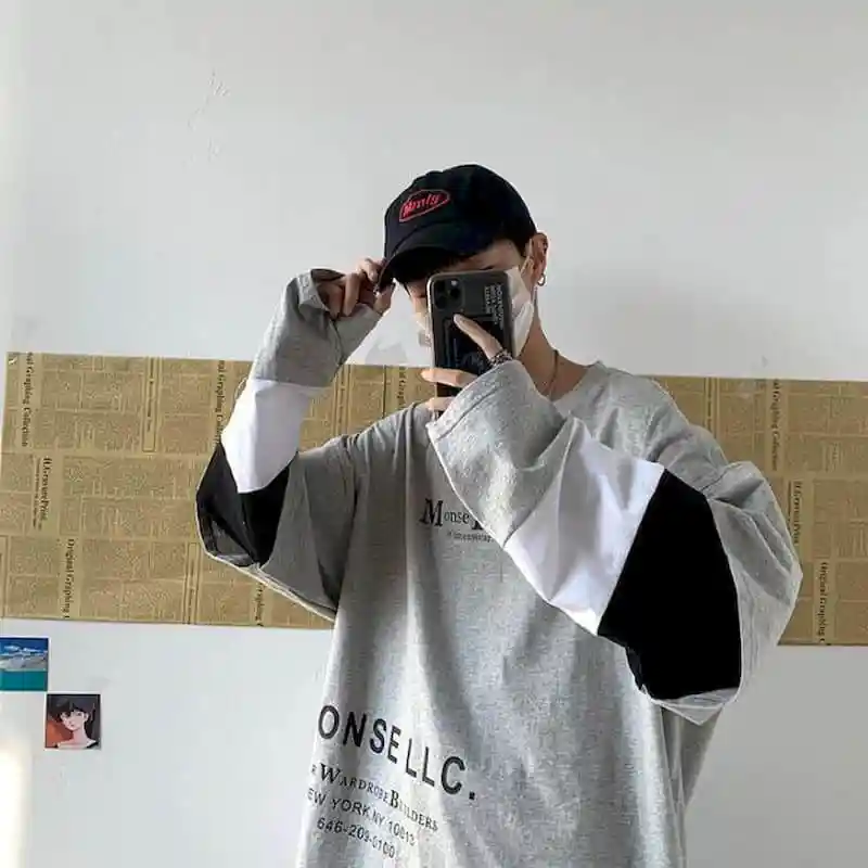 

Autumn Men Tshirt Women T Shirt Bottoming Shirt Fake Two Long-sleeved T-shirts Students Korean Style Loose Versatile Top Clothes