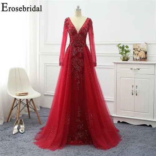 RED Long Sleeve Erosebridal платья с длинным рукавом для особых случаев для женщин вечернее платье Длинные официальные платья вечерние платья тюль ткань с бисером - Цвет: RED Long Sleeve