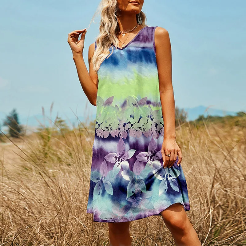

New Casual V Neck Sleeveless Tank Dress Summer Fashion Striped Beach Women Dress Elegant Tie-dye Ethnic Print Mini Dress Vestido