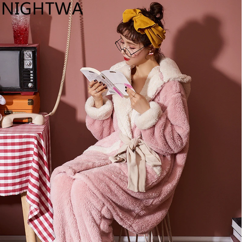 

2021 Winter Women's Robe + Pants Home Clothes Suit Flannel Thick Women's Pajamas Set Rabbit Ears Hooded Loose Women's Sleepwear