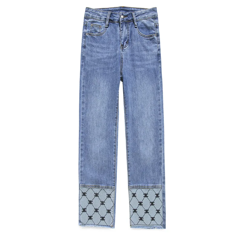 

Cross border direct supply large size loose embroidery straight pants Korean spring new high waist jeans