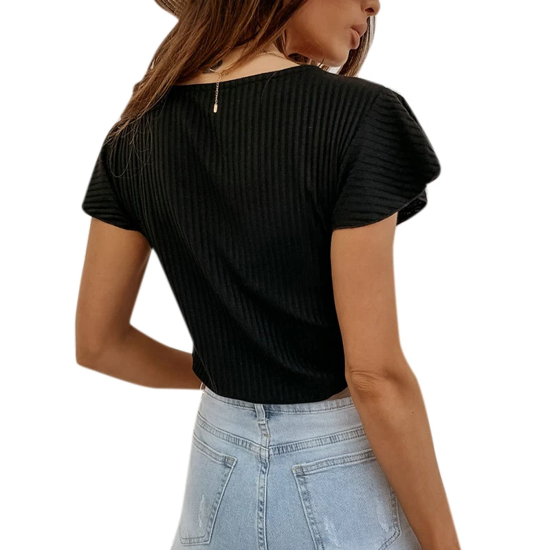 

Summer Womens Button Solid Color T Shirt O-Neck Tops Woman Fashion Casual Ruffles Short Sleeves Top