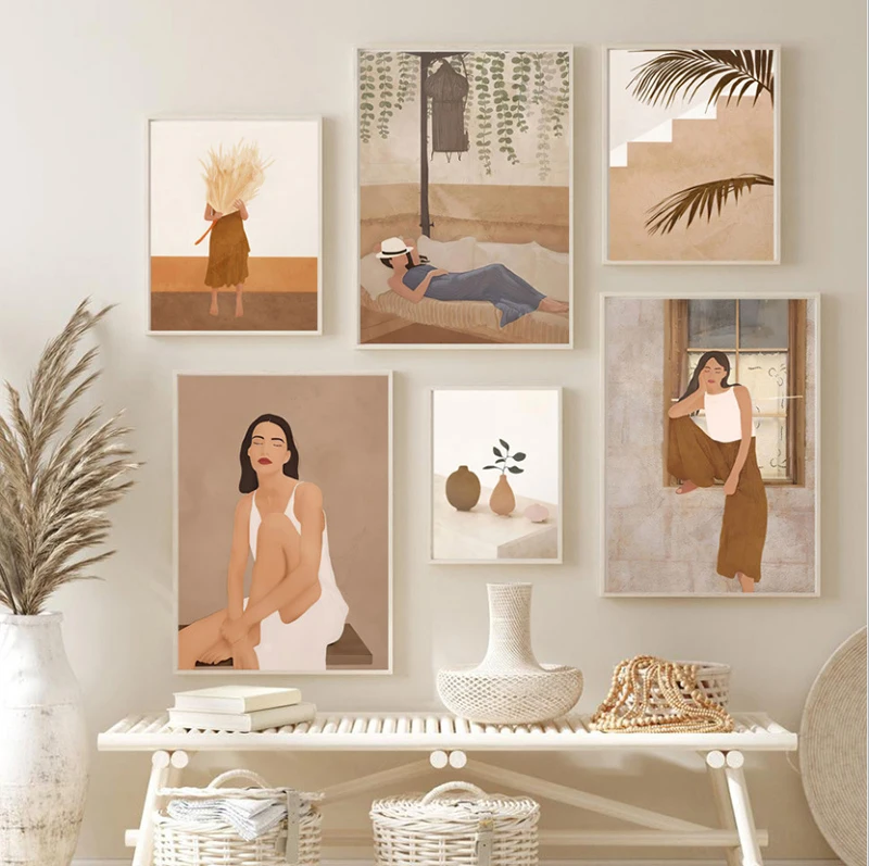 

Watercolor Portrait Canvas Painting Woman Leaves Vase Simplicity Wall Posters Nordic Prints Pictures Living Room Home Decoration