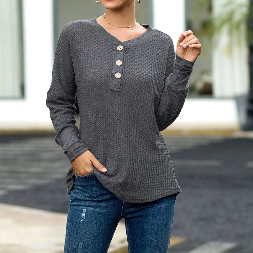 Осенний Вязаный топ с круглым вырезом и пуговицами женская одежда футболка