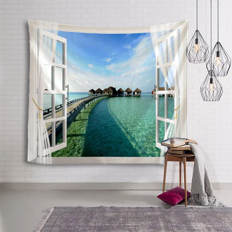 

Windows Scenery Tapestry Wall Hanging Cloth Bed Spread Beach Towel Table Cloth Yoga Mat House Decoration Living Room Decoration