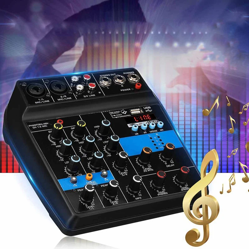 Portable 4 Channels Usb Mini Sound Mixing Console Audio Mixer Amplifier Bluetooth 48V Phantom Power For Karaoke Ktv Match Party |