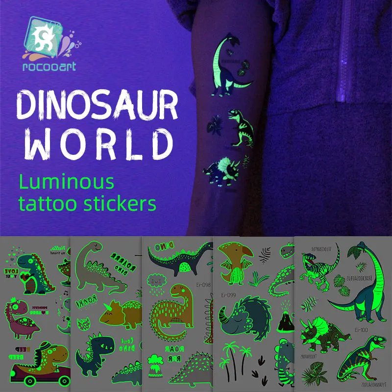 

Rocooart Luminous Dinosaur Temporary Tattoo Cartoon Animal Dinosaur Cool Taty For Boy Glowing in the Dark Tattoo Sticker