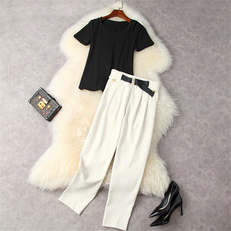 

Брюки-султанки женские с жемчугом, комплект из 2 предметов, дизайнерская модная футболка с эполетами и брюки, офисный повседневный наряд, на ...