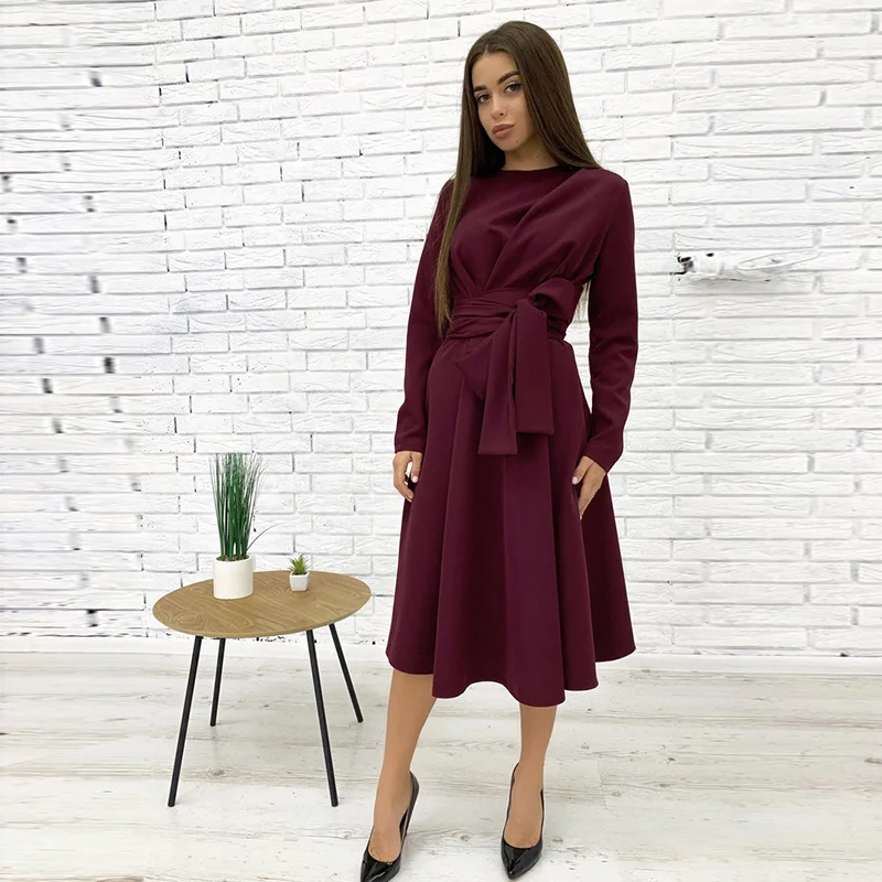 Женское повседневное однотонное платье миди с поясом офисное женское круглым