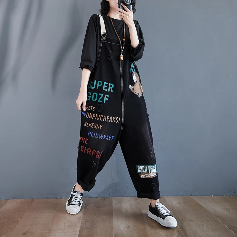 Harajuku Oversized Prints Hole Harem Jumpsuits Women Fashion Streetwear Spaghetti Strap Letters Luck Dog Printed Casual Rompers