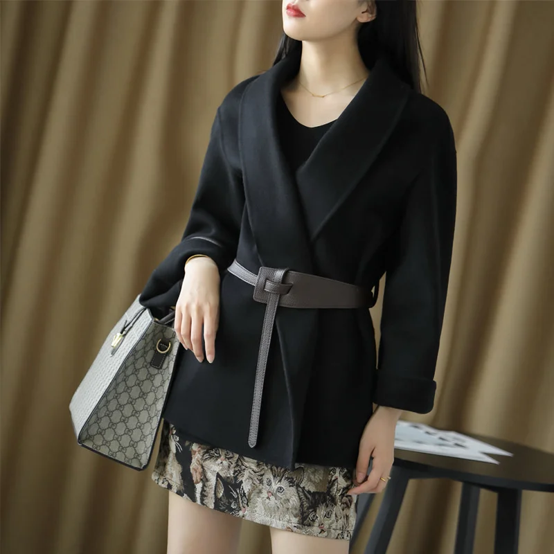 

Женское двухстороннее твидовое пальто с поясом, теплая шерстяная куртка ручной работы, новинка зимы 2021