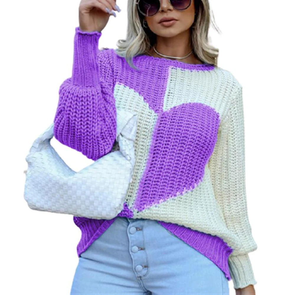 

Womens Autumn Pullover Stretch Casual Heart Print Jumper Tops Colorblock Sweater Loose Long Sleeve Winter