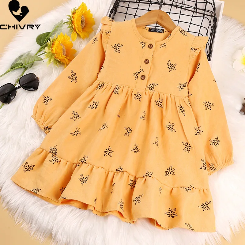 

Spring Autumn 2022 Girls Dresses Kids Baby Girls Ruffles Long Sleeve O-Neck Button A-line Dress Fashion Print Princess Dresses