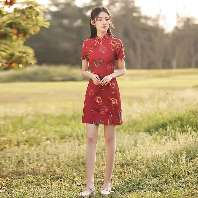 Женское винтажное китайское платье-Ципао красное в стиле Харадзюку |