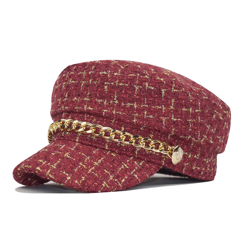 Новинка шапка в стиле милитари Осень зима берет с цепочкой Ретро стиль клетку