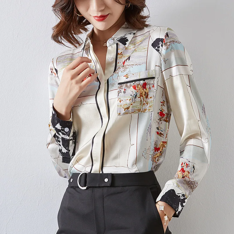 2019 блузка рубашка женская одежда с принтом из натурального шелка длинным рукавом