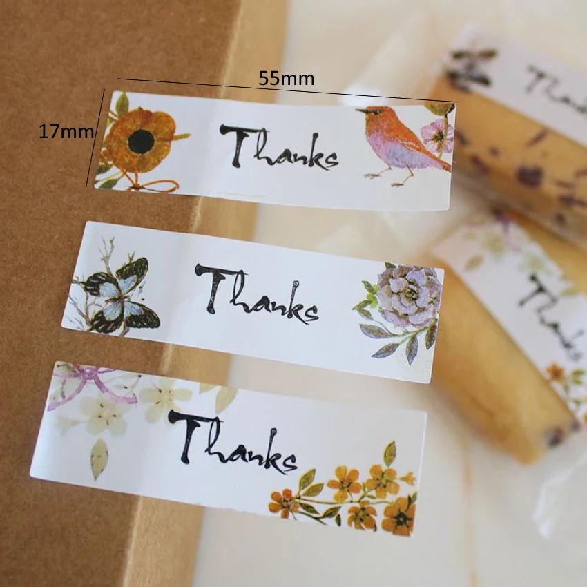 

1800pcs/lot Thanks with Flower and bird Shape Strip design Label Stickers