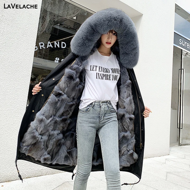 

LaVelache 2021 Winter Real Fur Coat Women X-Long Jacket Waterproof Natural Fox Fur Liner Large Fox Fur Collar Hooded