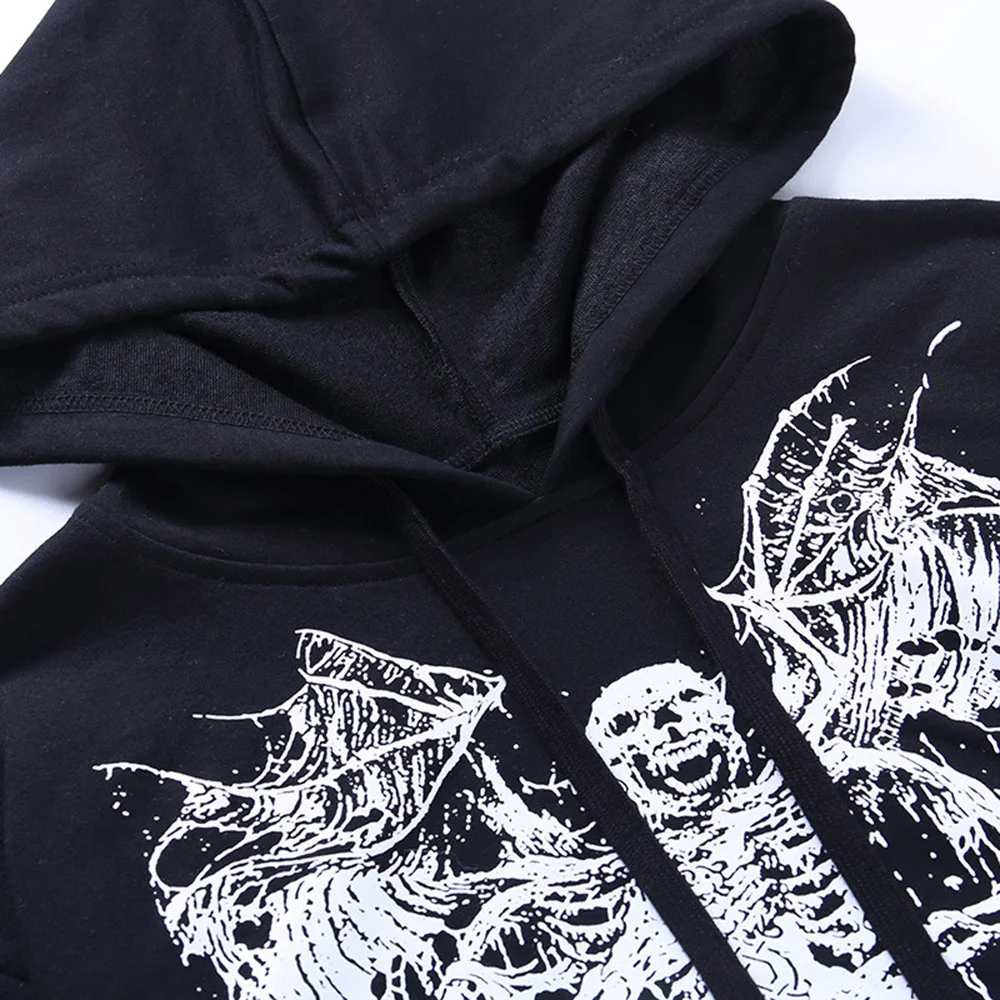 

Harajuku Streetwear Ghost Printed Gothic Hoodie Women Punk Fall Spring 2021 Black Long Sleeve Hooded Short Hoodies Sweatshirts