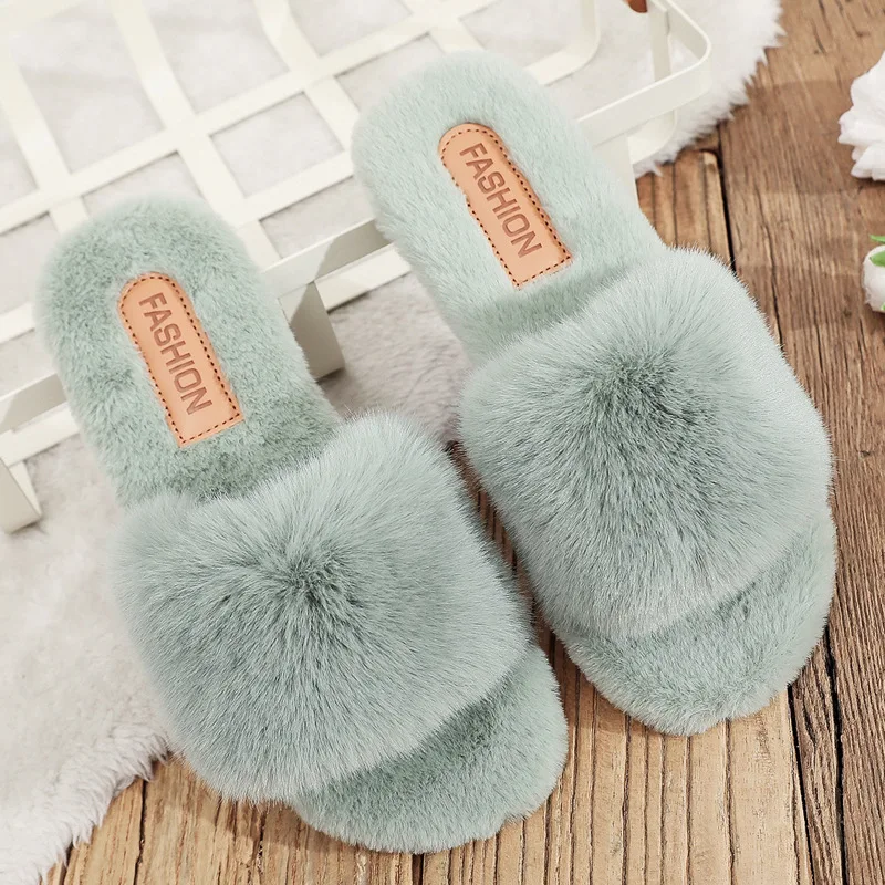 

2021 Autumn Winter Furry Fluffy Slippers Candy Color Home Warm Platform Open Toe Slipper Fashion Cotton Slippers Flats Footwear