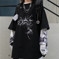autumn dark street tie dye fake two piece blouse couple black long sleeved t shirt oversized gothic emo tops grunge clothes y2k