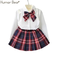 humor bear autumn kids baby girl clothes long sleeve t shirtgrid skirt bowknot casual suits student girls clothing sets