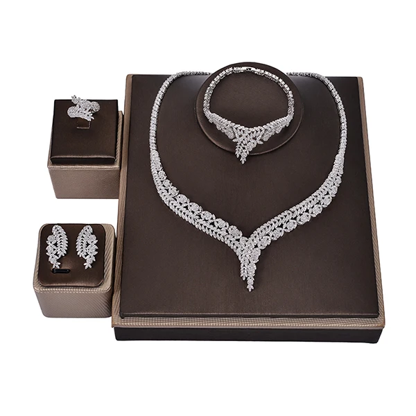 white gold Набор украшений HADIYANA, модное простое ожерелье, серьги, кольцо, браслет, женское ювелирное изделие, свадебные подарки, CNY0047, аксессуары для женщин - Окраска металла: white gold