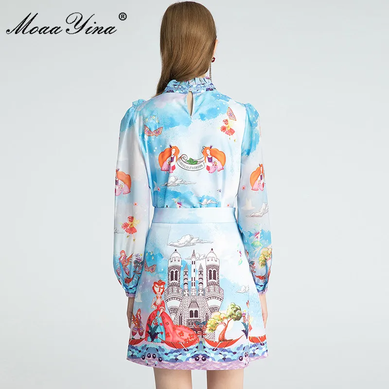 

MoaaYina Fashion Designer Set Autumn Women Long Sleeve Cartoon Print Blouses Tops+Sequined Beading Skirt Two-piece suit