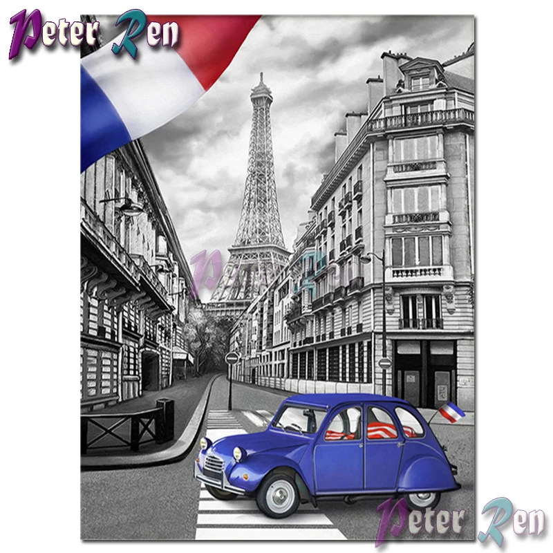 

5d landscape Diamond Embroidery Paris street blue car DIY Square or round Mosaic Cross stitch Rhinestone Home Decoration