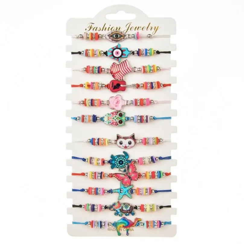 12pcs/set Cute Owl Turtle Animal Star Crystal Child Kids Bracelets Women Enamel Evil Eye Adjustable Weave Rope Bracelet Jewelry