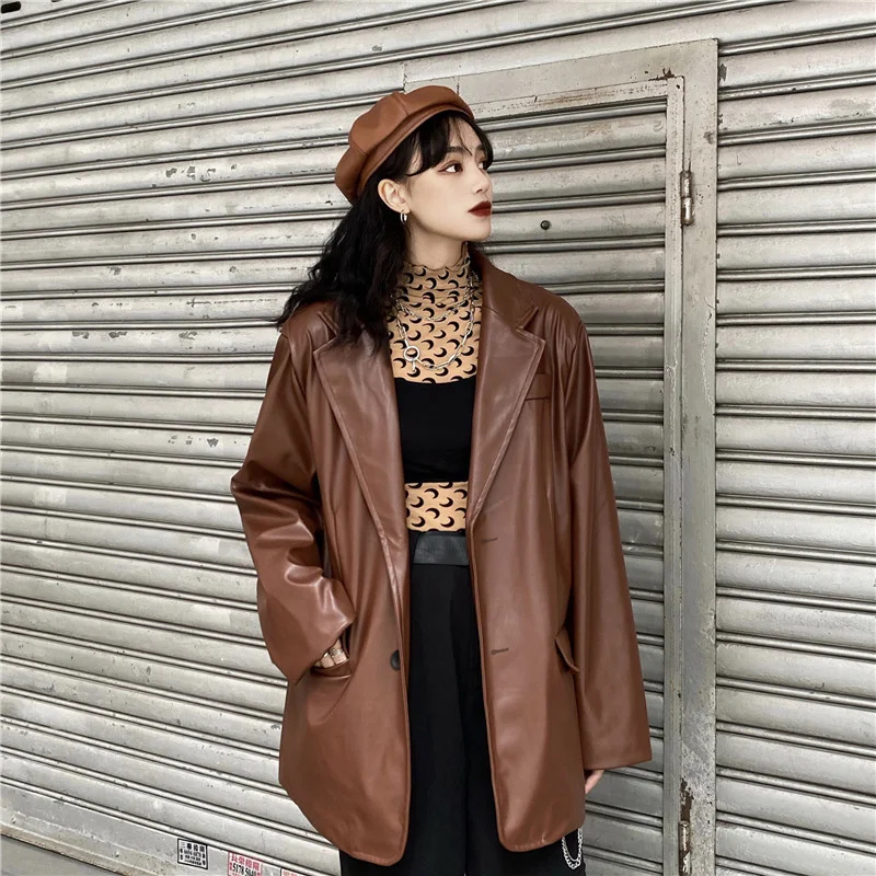 Korean Black Leather Moto Jacket Vintage Warm Female Loose Long Sleeve Suit Blazers Fashion Streetwear Women's Spring Coat 2021 enlarge