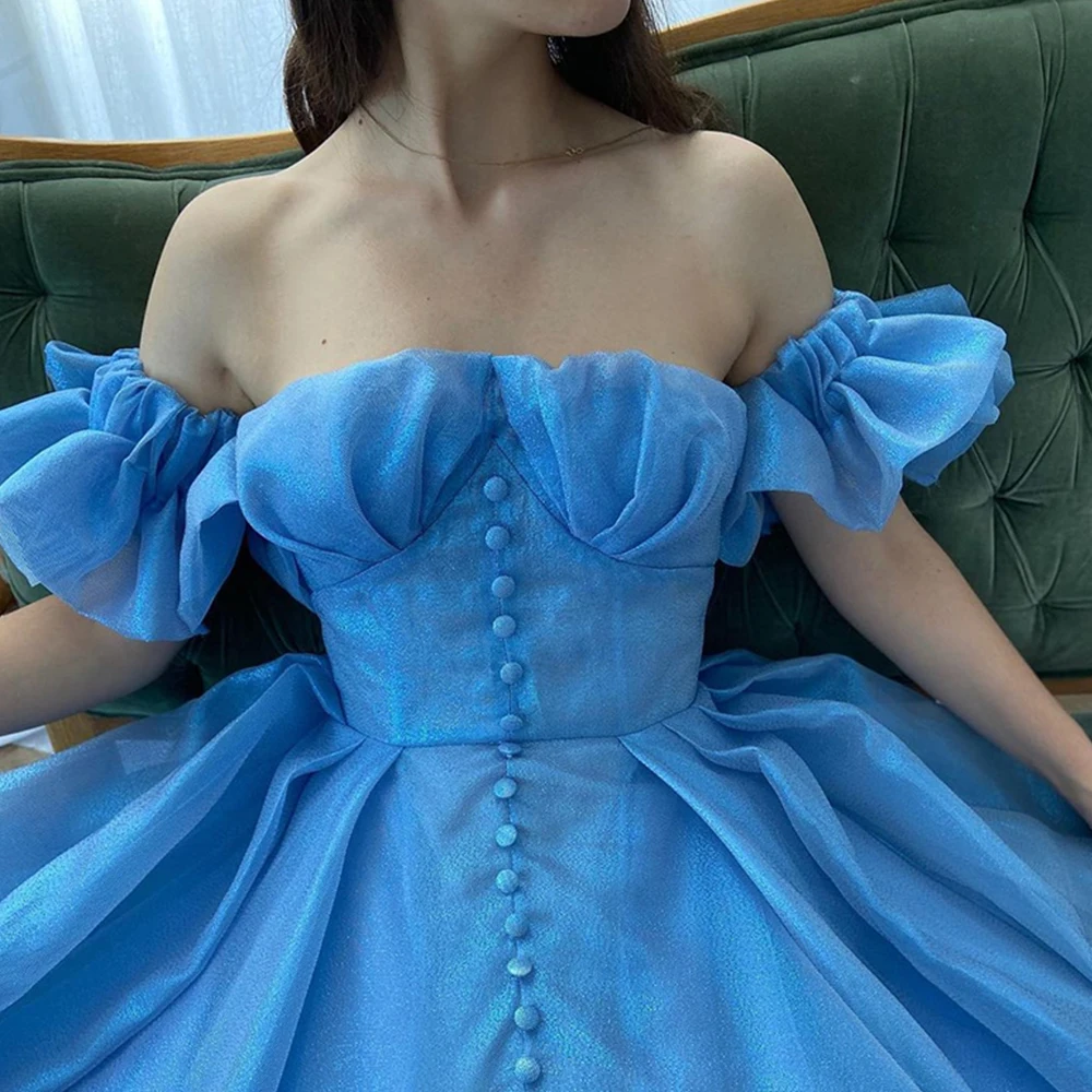 

A-Line Blue Evening Dresses Long Luxury 2021 Tulle Elegant Off The Shoulder Side Split Prom Gowns Plus Size Vestidos de fiesta