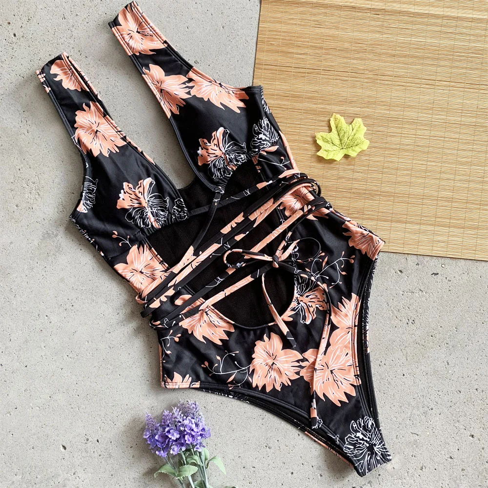 

Qeils 2021 Sexy Women Summer Floral Printed One Piece Padded Bikini Swimsuit Swimwear Bandage Bikini Beach