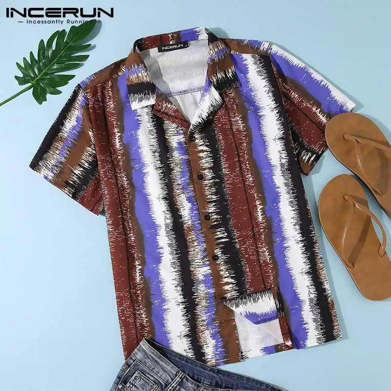 

INCERUN Summer Fashion Hawaiian Shirt Men Striped Printed Casual Breathable Tops Short Sleeve Streetwear 2021 Camisas Hombre