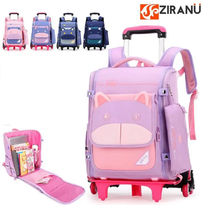 Школьный рюкзак-тележка для мальчиков и девочек на колесиках, ортопедический рюкзак на колесиках с сумкой для ручек, школьный рюкзак на кол...