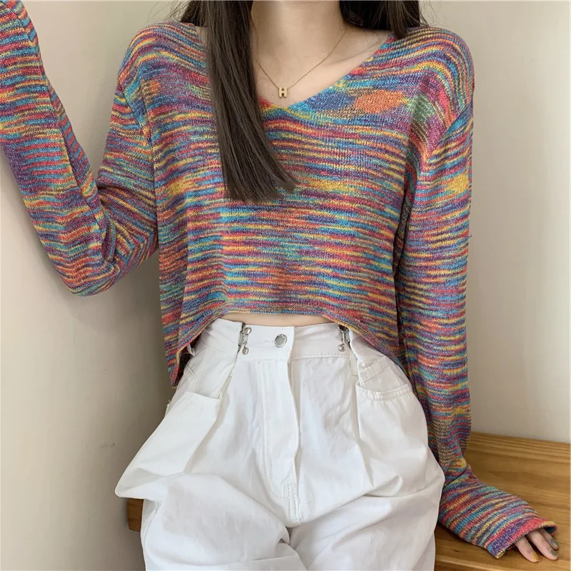 

Женский укороченный свитер, тонкий пуловер с длинным рукавом и высокой талией, одежда для ранней осени, 2021