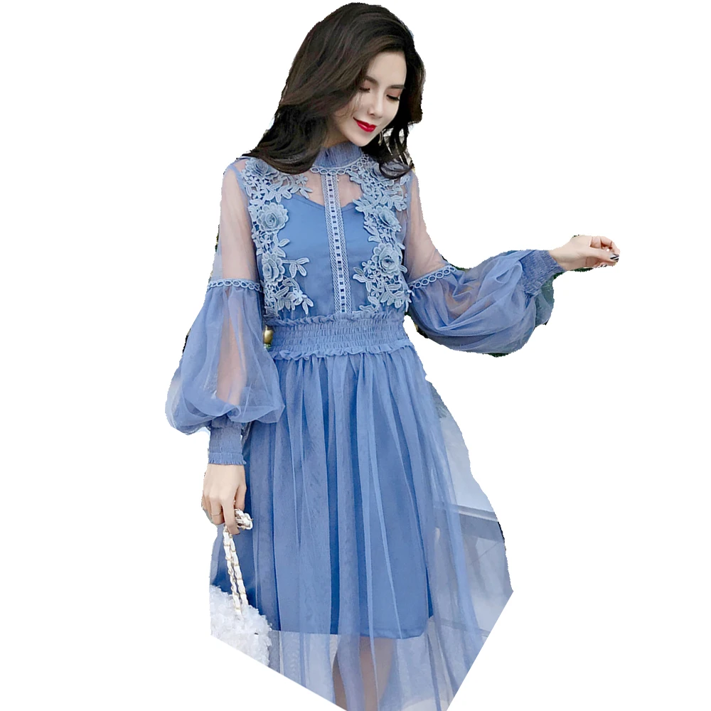 

New Arrivals Women Lace Flower Gauze Lantern Sleeve Voile Long Dress Female Retro Hook 2 Piece Set Princess Vestido FS1267