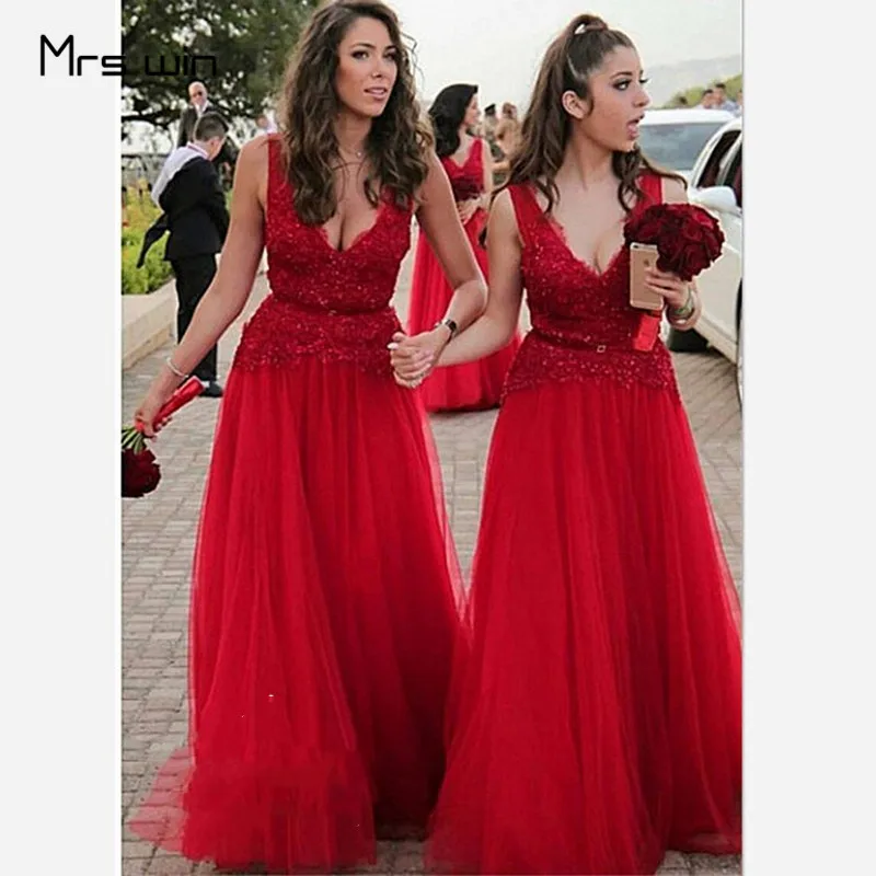 

Mrs win Bridesmaid Dresses V-neck Appliques Lace Vestido Madrinha A-line Sleeveless Plus Size Long Wedding Guest Dress HR311