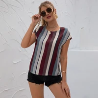 2021 summer women shirt asymmetric striped short sleeve o neck casual tops and blouses sexy backless straight ladies blouse