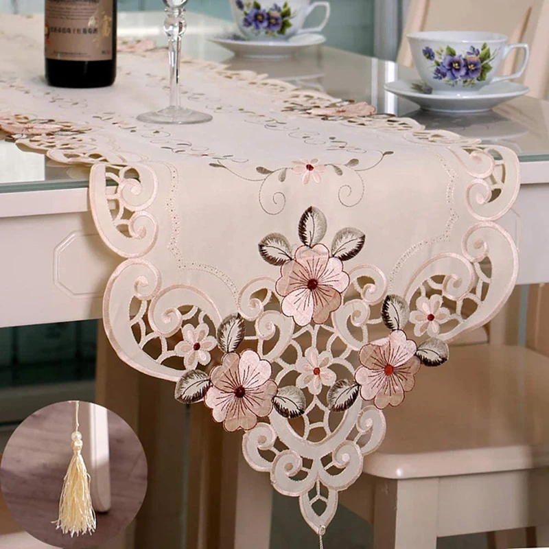 

Flowers Embroidered Table Runner,Tea Table Linen for Restaurant Kitchen Dining Wedding Party Banquet (15.74X77.16 Inch)
