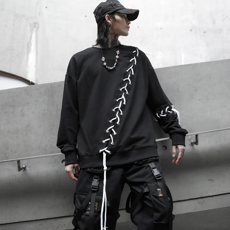 Футболка мужская с длинным рукавом модная Повседневная рубашка лентами Клубная