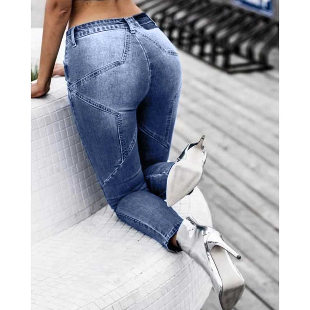Denim Blue Джинсы женские с принтом звезды винтажные женские джинсовые синие расклешенные брюки высокая уличная женская Средняя талия ретро джинсовые штаны джинсы femme D40 - Цвет: Denim Blue