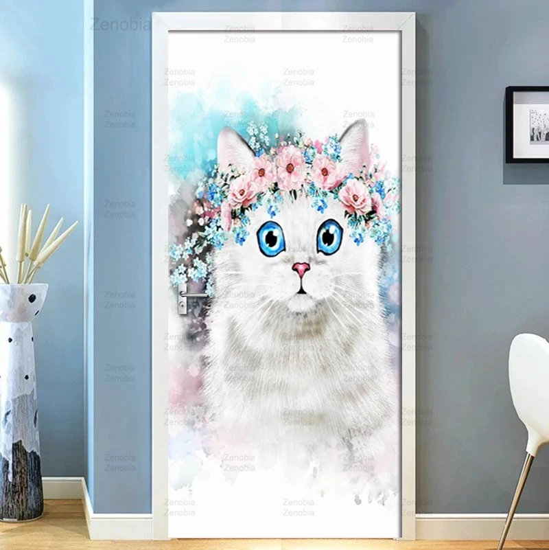 

2 Pcs/set Door Sticker Cartoon Cat Wallpaper Diy Self-Adhesive Living Room Door Decoration Wall Sticker Mural Decals Home Decor